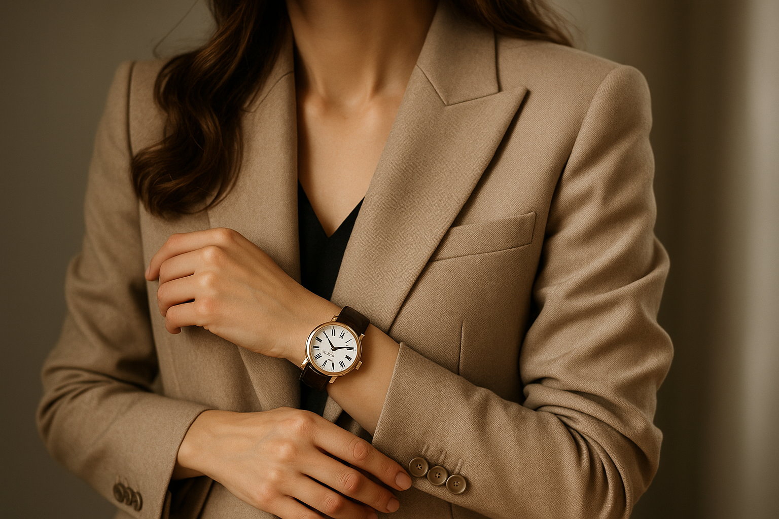 que no se vea el rostro de la mujer con un enfoque que llame la atencion hacia el estilo de la mujer y el reloj 